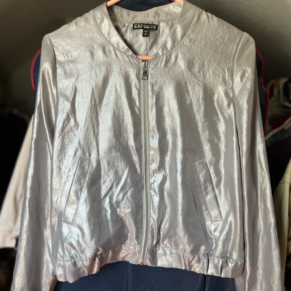 Express Metallic Silver Bomber Jacket